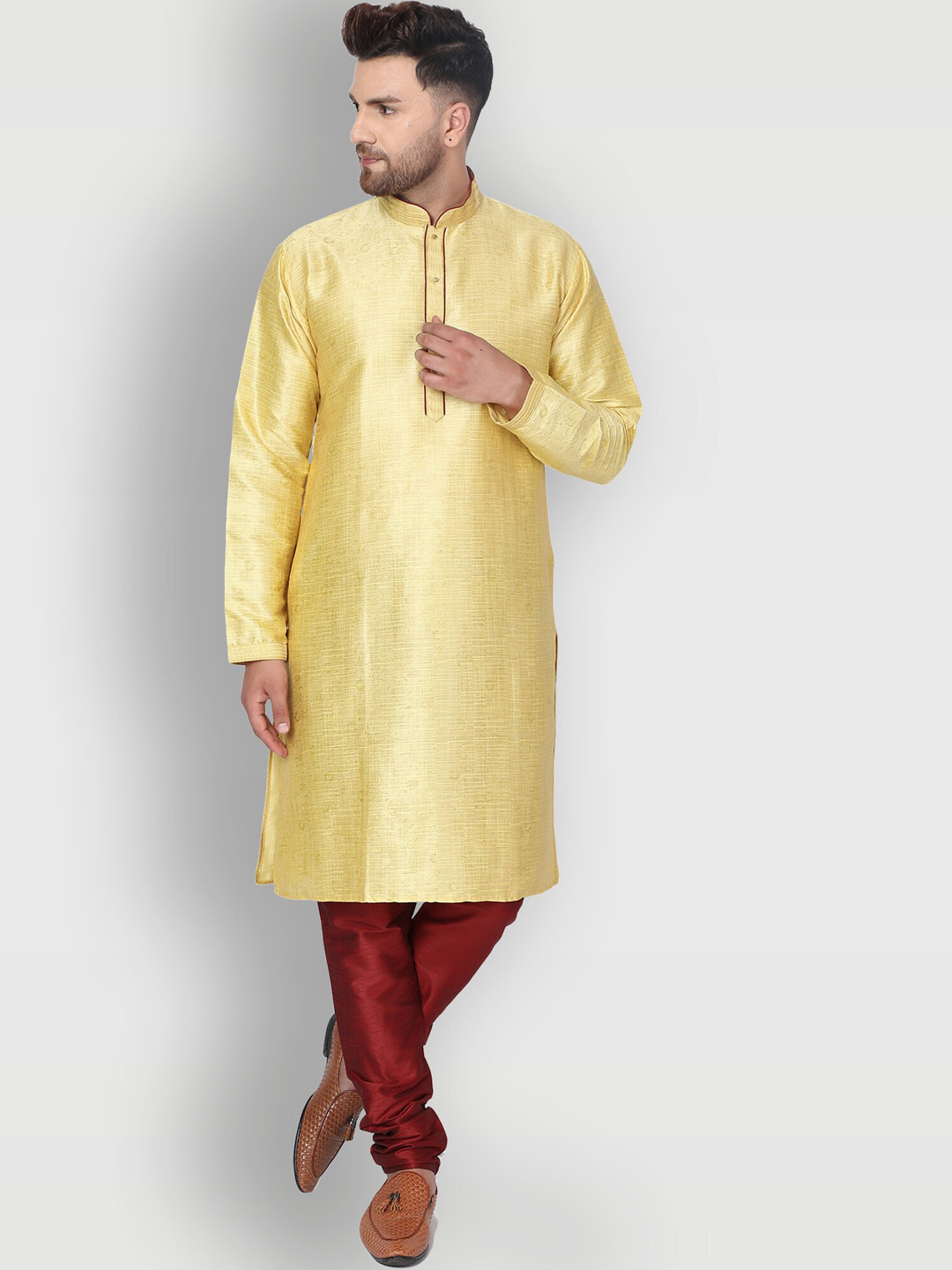 Enciger Men Gold-Toned Dupion Silk Kurta with Pyjama Set