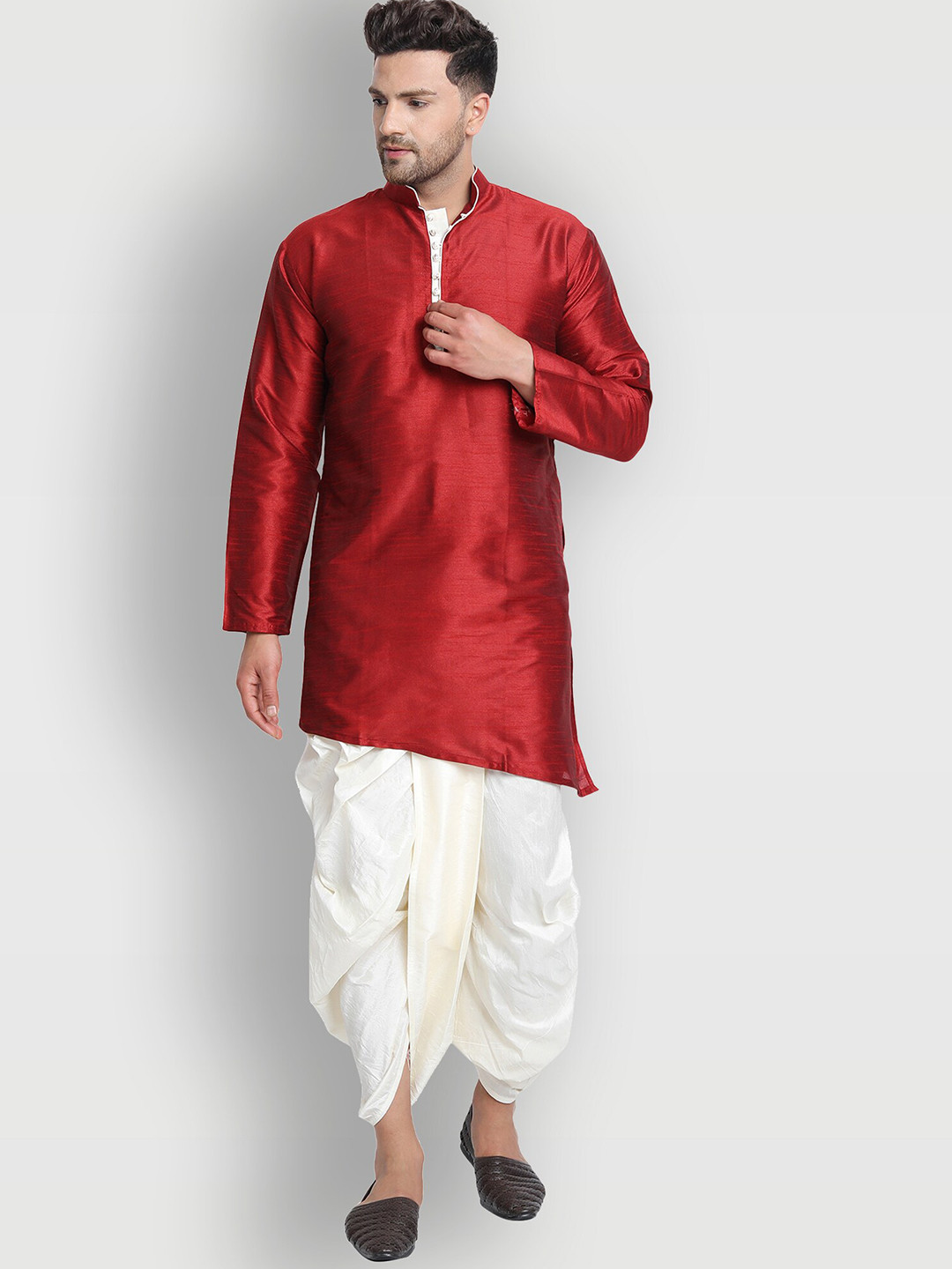 Enciger Men Red Dupion Silk Kurta with Dhoti Pants