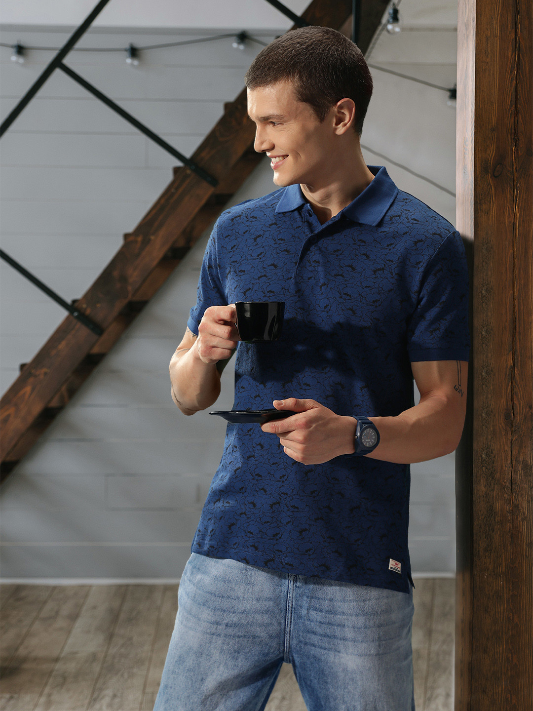 Flying Machine Men Blue & Black Floral Printed Polo Collar Pure Cotton T-shirt