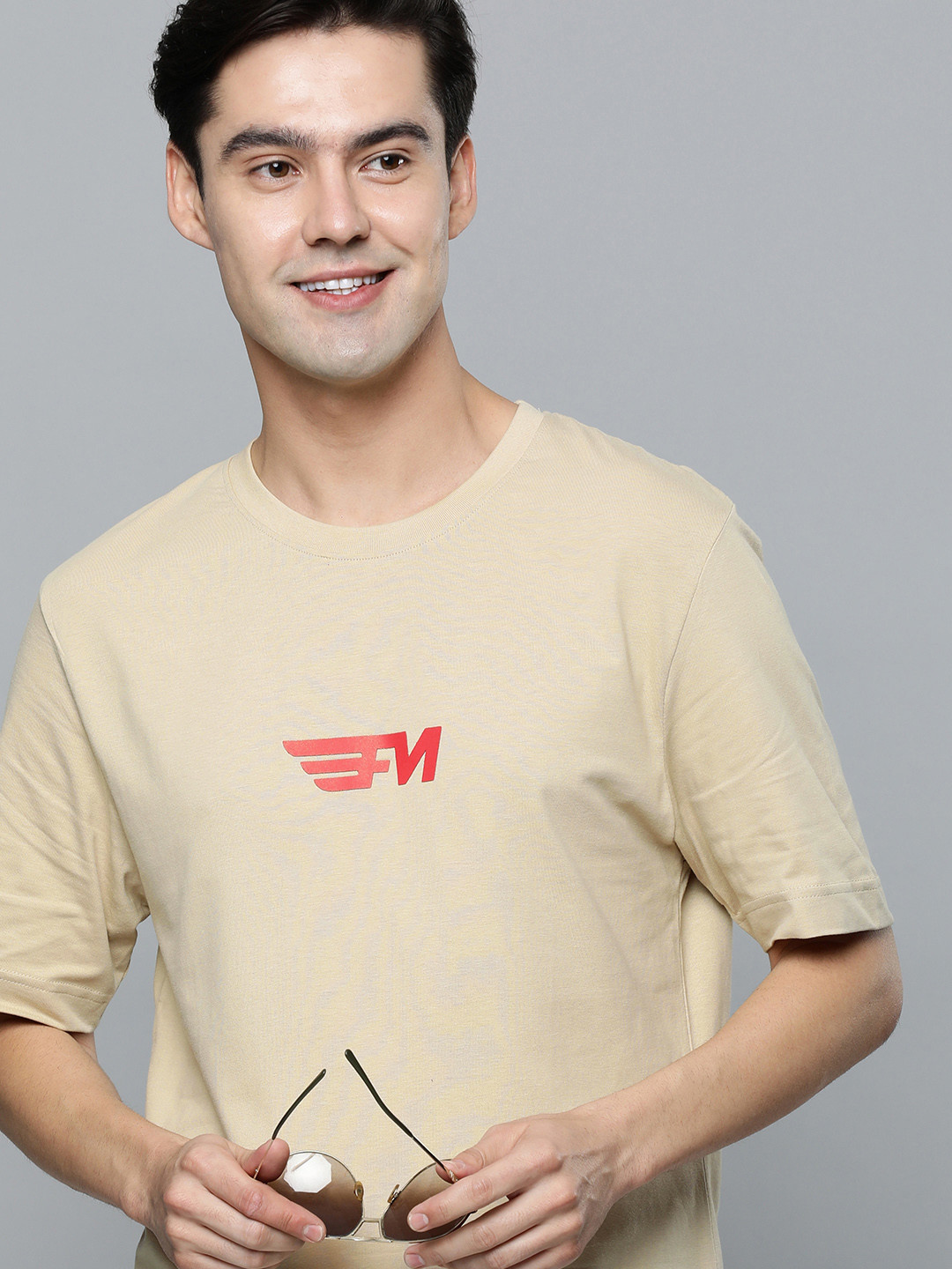 Flying Machine Men Beige Brand Logo Back Printed Drop-Shoulder Sleeves Pure Cotton T-shirt