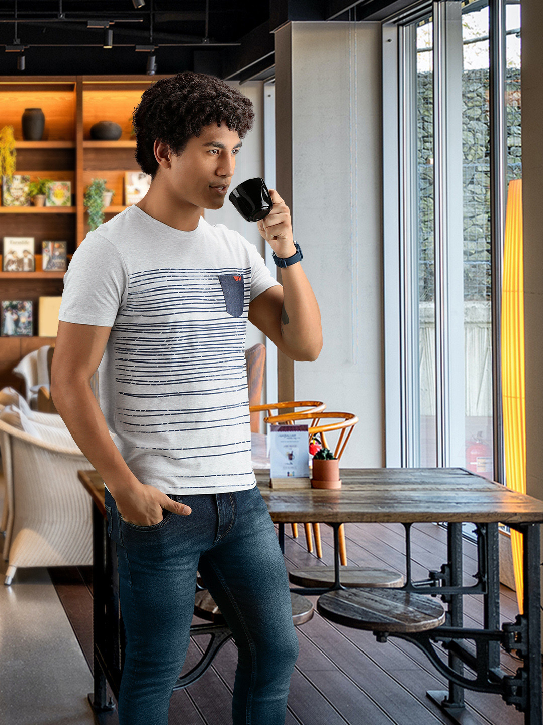 Flying Machine Men Grey Melange & Navy Blue Striped Pockets Knitted T-shirt