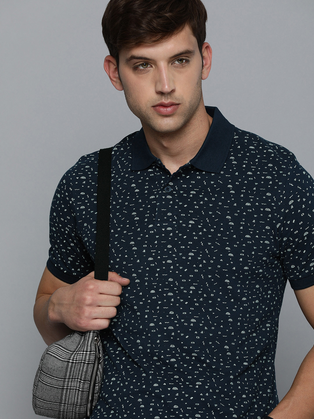 Flying Machine Men Navy Blue Printed Polo Collar Pure Cotton T-shirt