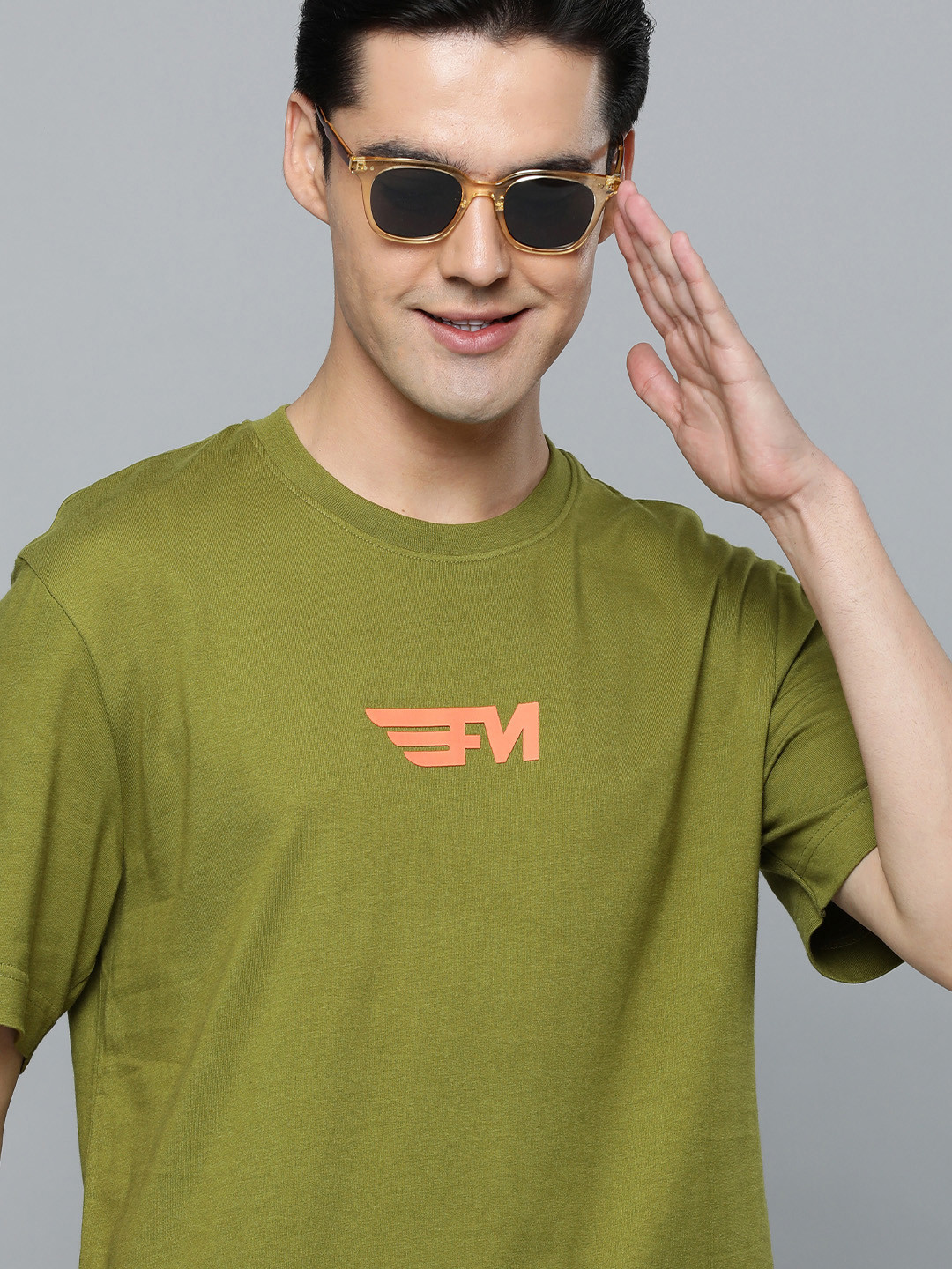 Flying Machine Men Olive Green Brand Logo Print Drop-Shoulder Sleeves Pure Cotton T-shirt