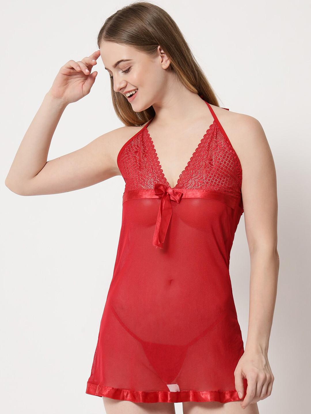 Klamotten Women Red Lace Detail Halter Neck Baby Doll