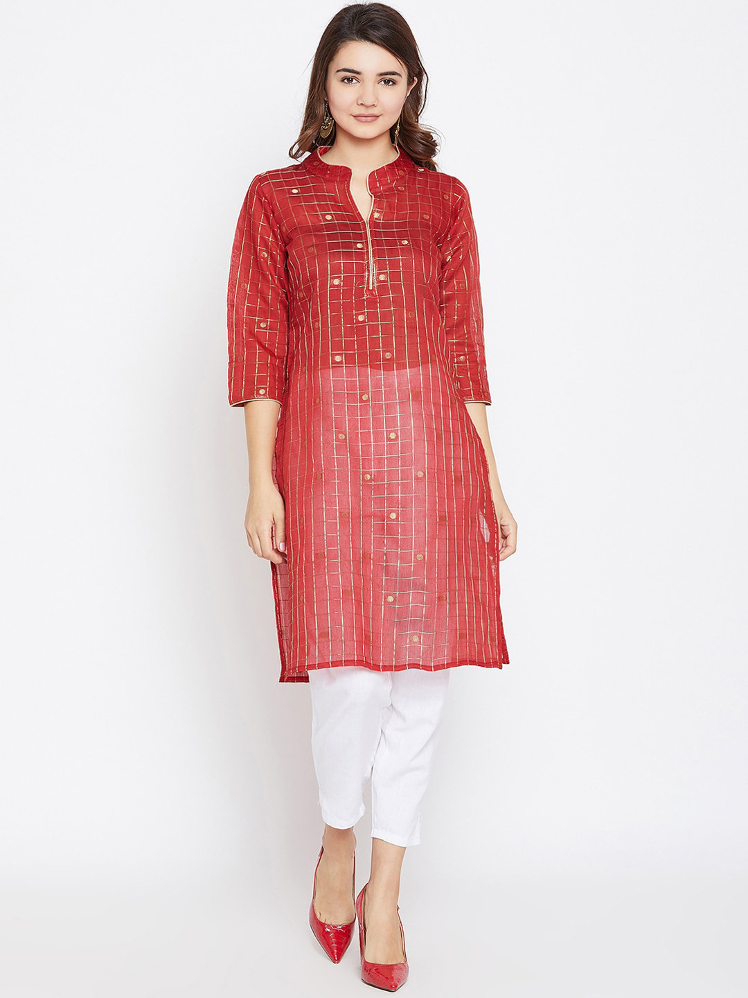 AgrohA Women Red & Gold-Toned Checked Kurta