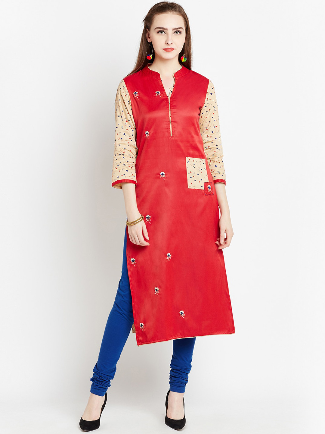 AgrohA Women Red & Beige Colourblocked Thread Work Floral Kurta