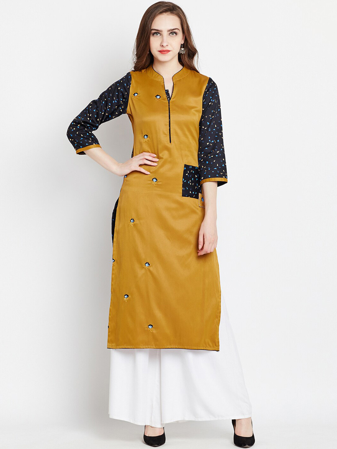 AgrohA Women Mustard Yellow & Black Floral Embroidered Kurta
