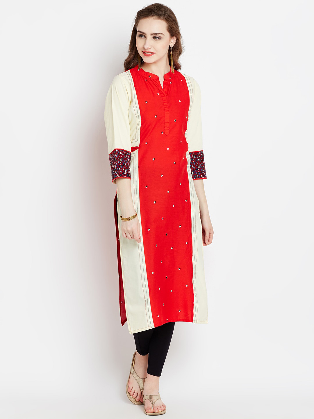 AgrohA Women Red & Off White Colourblocked Mirror Work Kurta