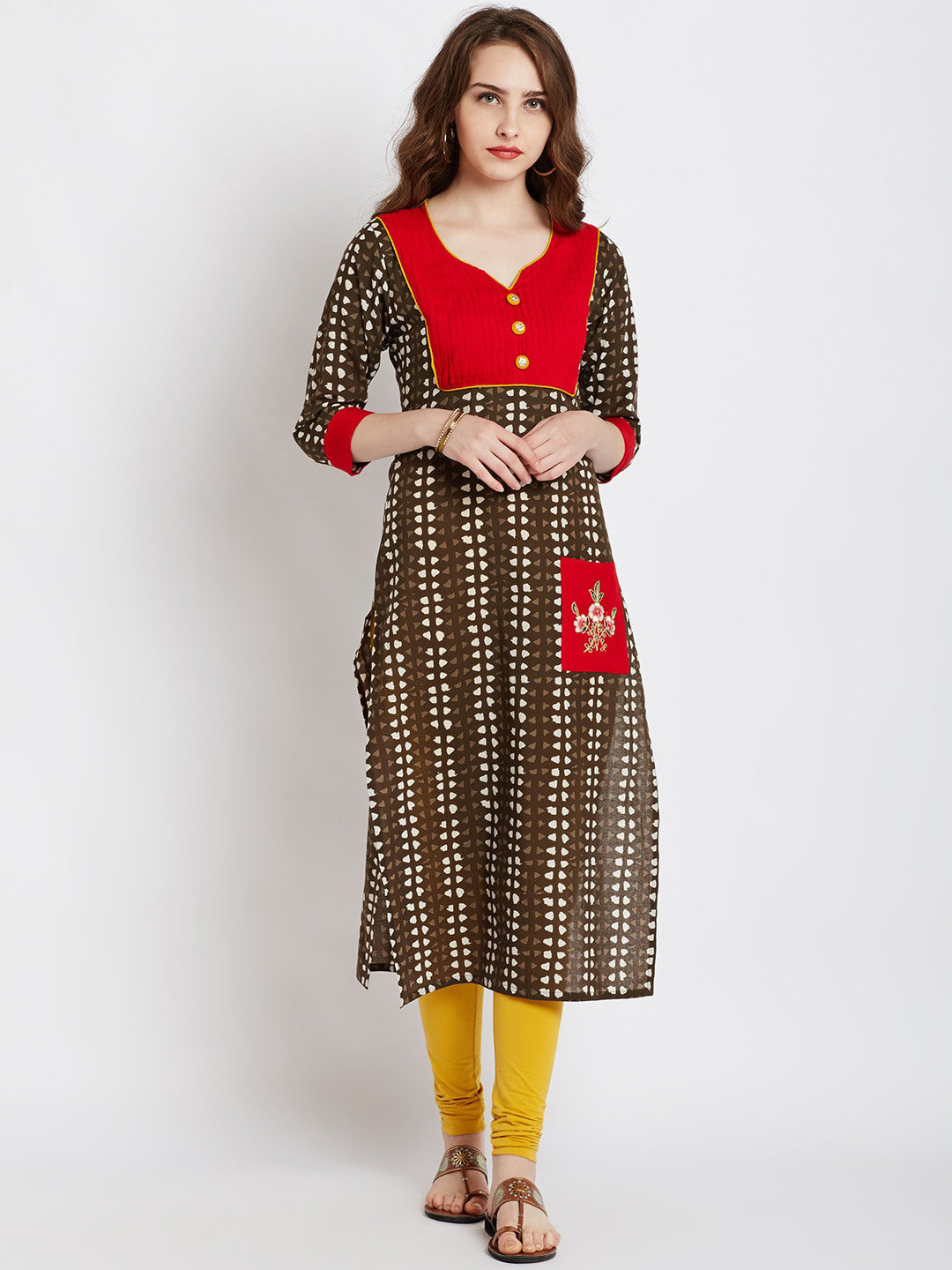 AgrohA Women Brown & Red Geometric Printed Kurta