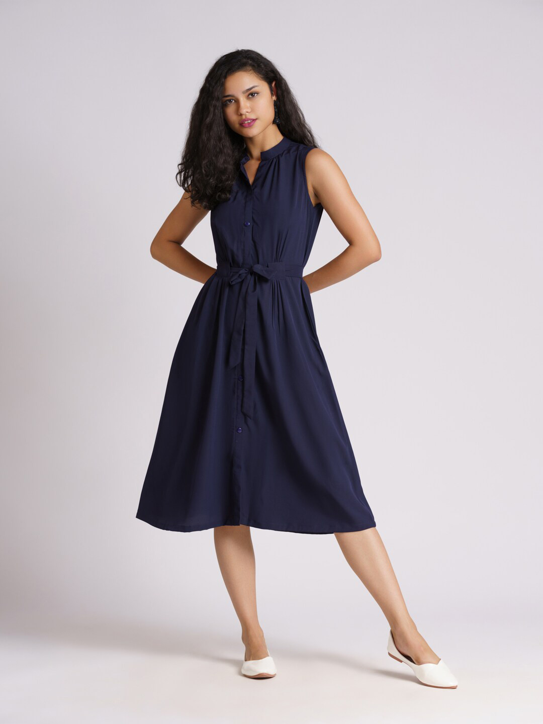 AASK Navy Blue Solid Crepe Sleeveless Belted A-Line Dress
