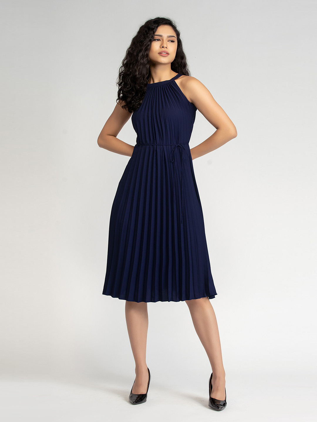 AASK Women Navy Blue Crepe Midi Dress