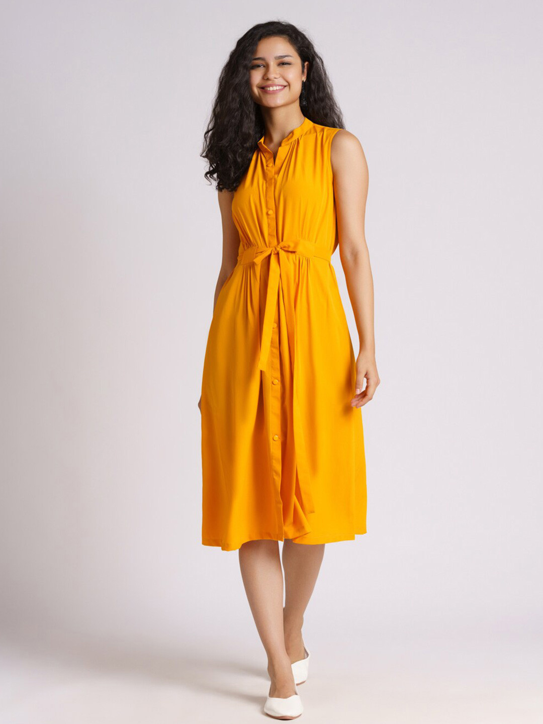 AASK Women Solid Mustard Yellow Crepe Shirt Sleeveless Belted Midi Dress