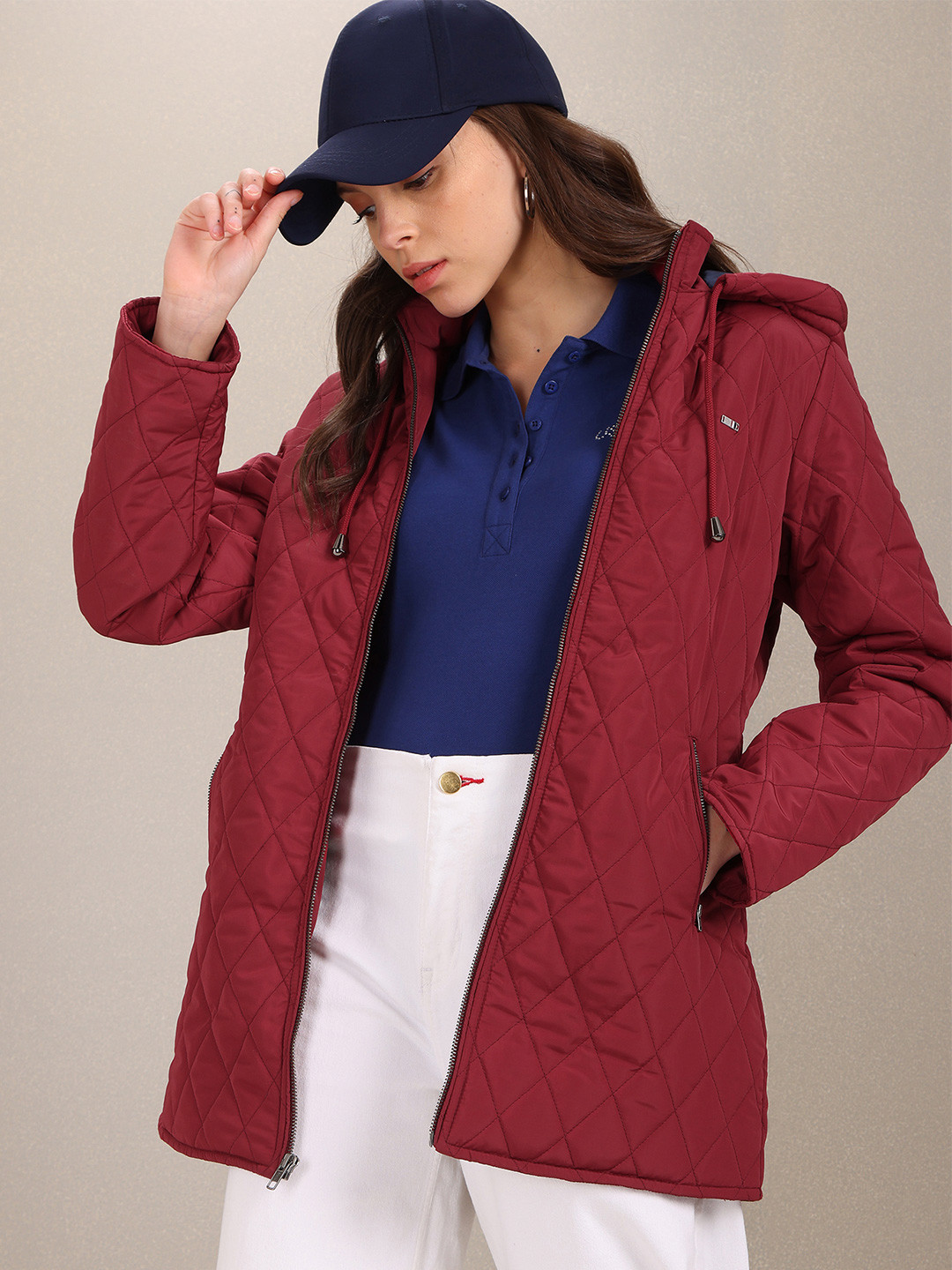 U S Polo Assn Women Burgundy Longline Quilted Jacket