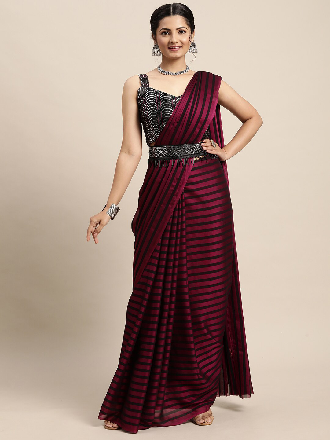 Saree mall Magenta and  Black Striped Leheriya Sarees