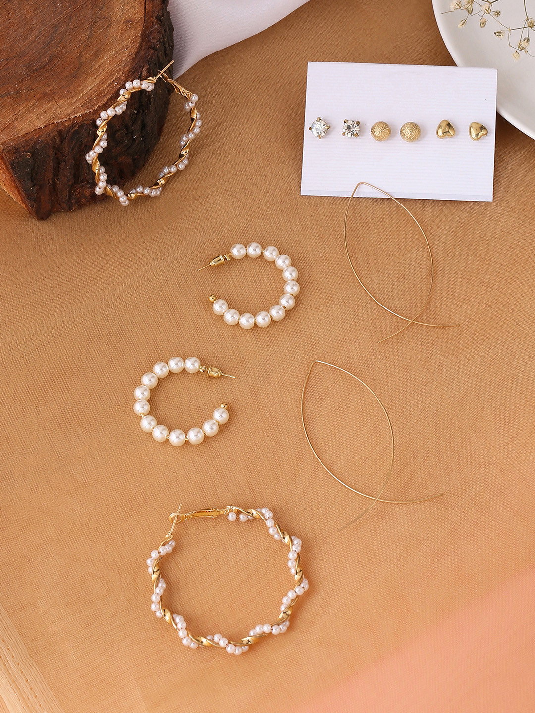 Yellow Chimes Women Set Of 6 Gold Toned Stud and Pearl Hoop Earrings