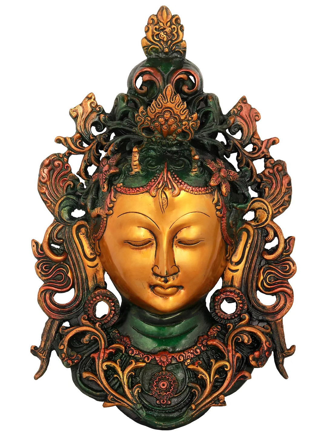 Exotic India Tibetan Buddhist Brass Ethnic Motifs Antique Spiritual Wall Decor-12.5In