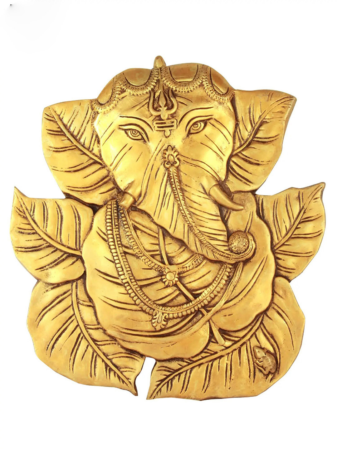 Exotic India Gold-Toned Pipal Leaves Ganesha Brass Wall Art