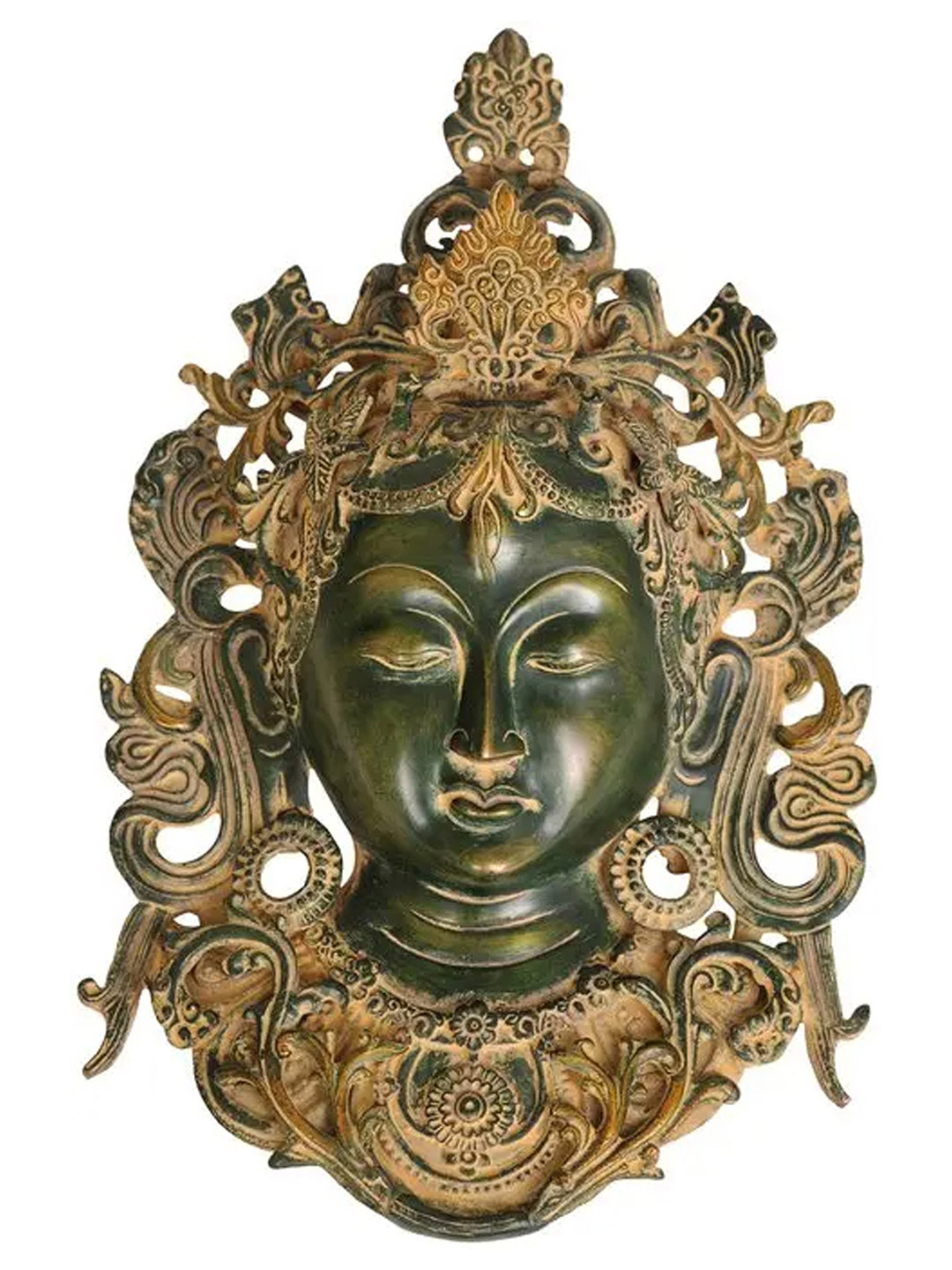 Exotic India Green & Gold-Toned Tibetan Buddhist Brass Wall Hanging