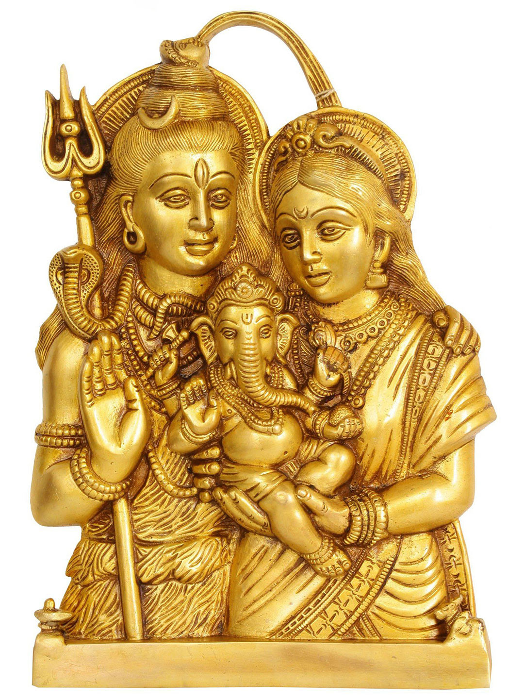 Exotic India Baby Ganesha in the Lap of His Parents - Shiva Parvati Brass Spiritual Wall Decor-11.5In