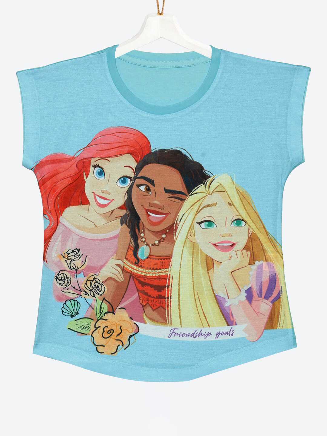 YK Disney Girls Blue Ariel Moana & Rapunzel Printed Short Sleeves Cotton Top