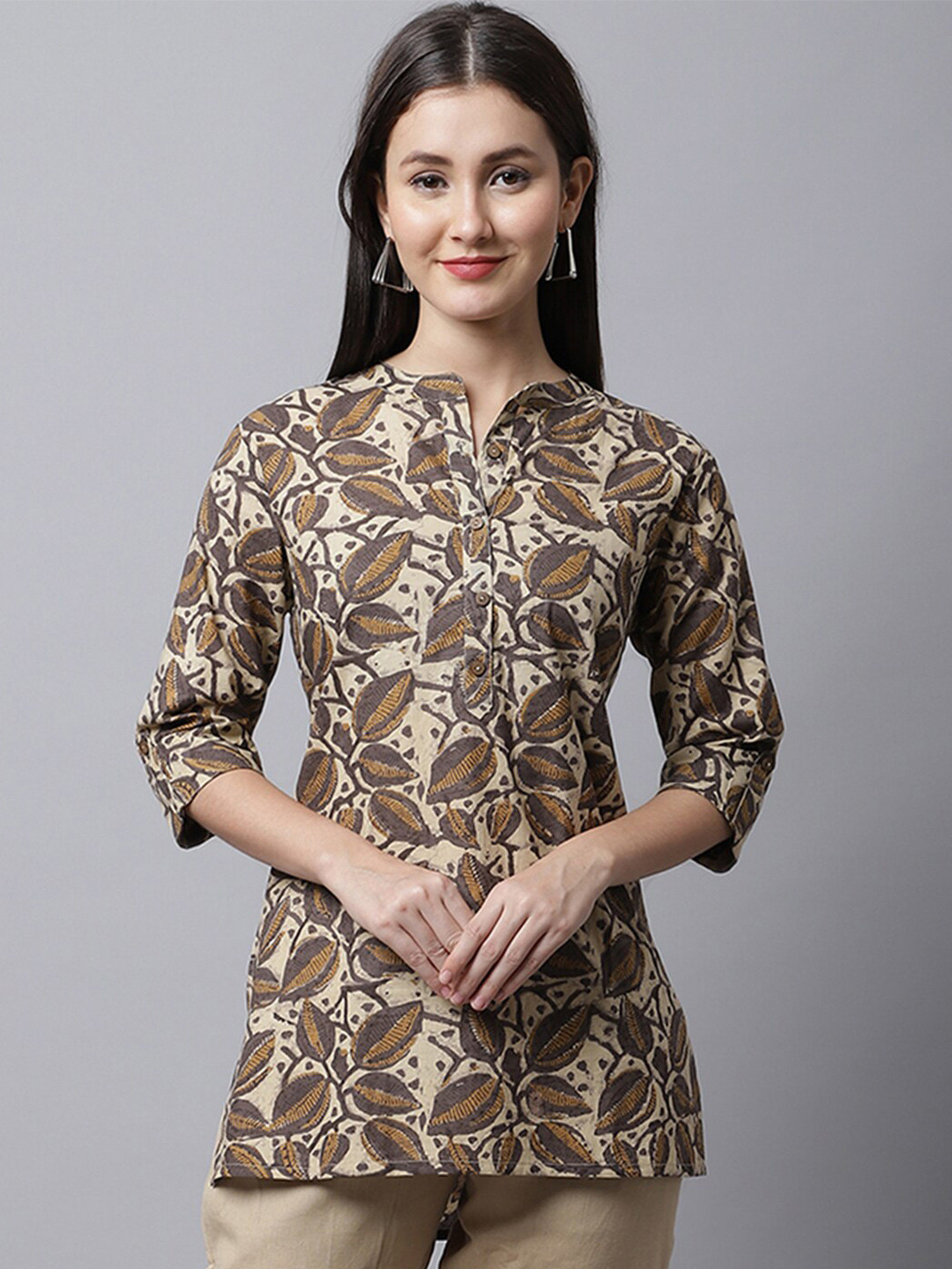 Pistaa Women Brown Floral Printed High Low Short Kurti