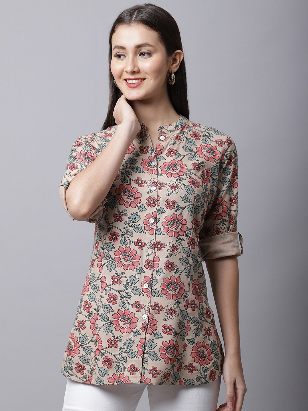 Pistaa Brown Floral Printed  Short Kurti