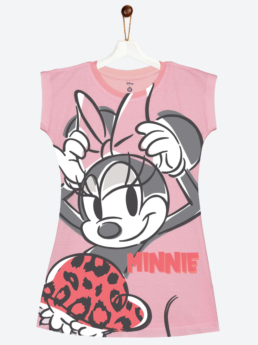 YK Girls Pink & Black Minnie Mouse Graphic Printed A-Line T-shirt Dress