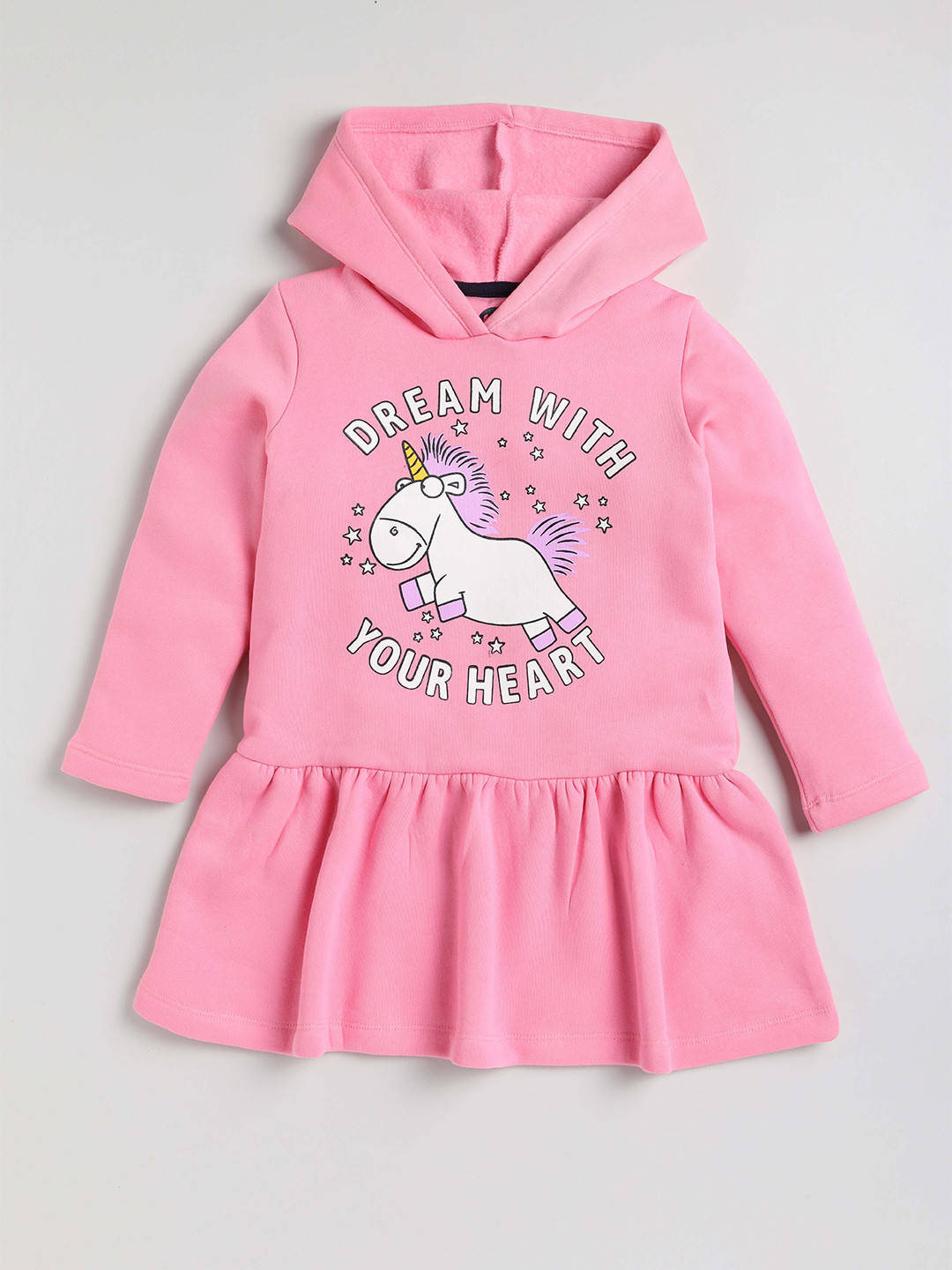 YK Girls Pink Unicorn Printed Hooded Fleece Sweatshirt Dress