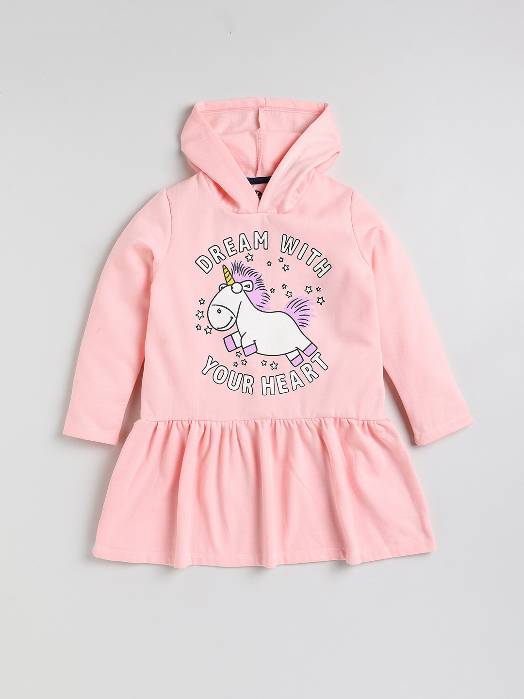 YK Girls Pink Unicorn Printed Hooded Fleece Sweatshirt Dress