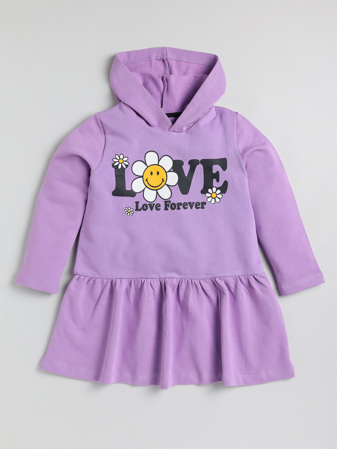 YK Girls Purple Groovy Typography Printed Hooded Fleece Sweatshirt Dress