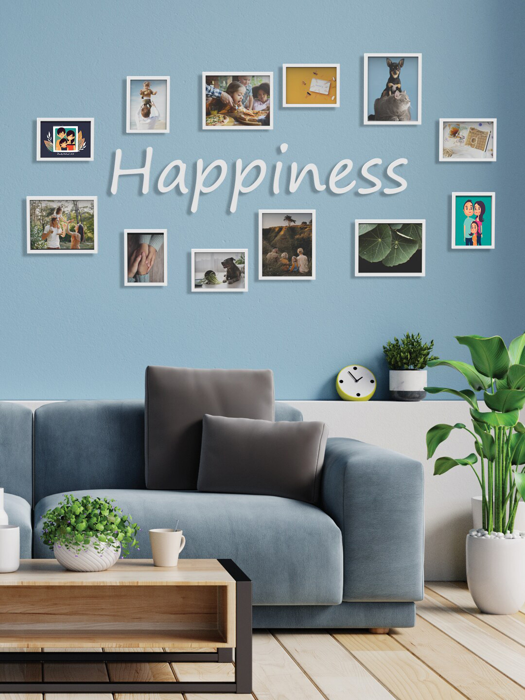 RANDOM White Set of 10 White 3D Collage photo frames with HAPPINESS Plaque