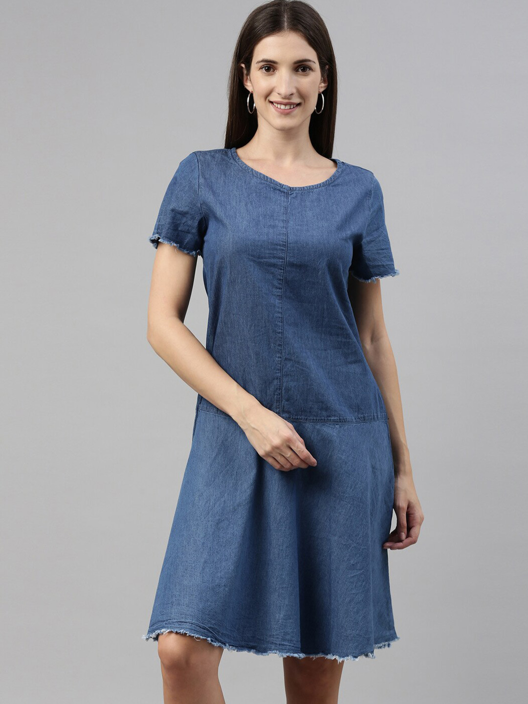 Enviously Young Women Blue Pure Cotton A-Line Dress