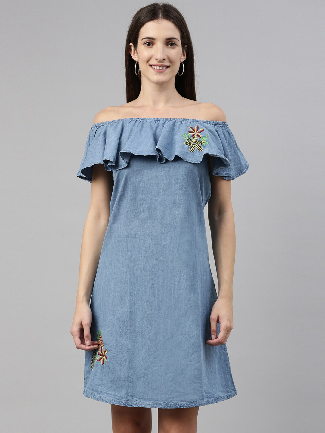 Enviously Young Blue Off-Shoulder A-Line Dress