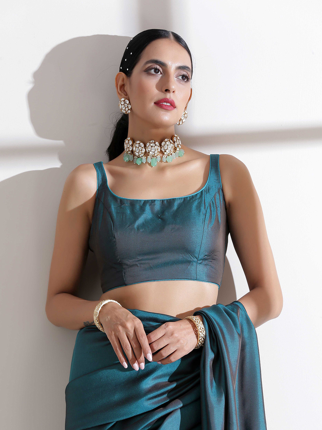 Swtantra Women Blue Solid Dual Tone Sleeveless Satin Blouse