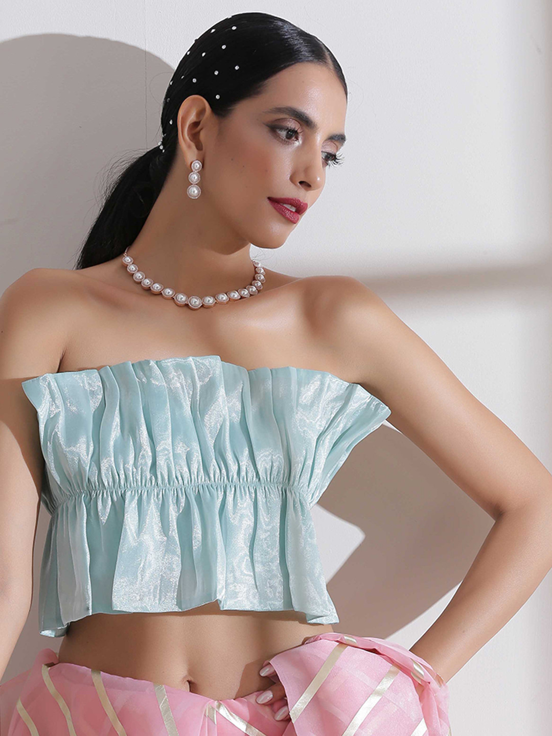 Swtantra Women Blue Solid Sleeveless Ruffled Blouse