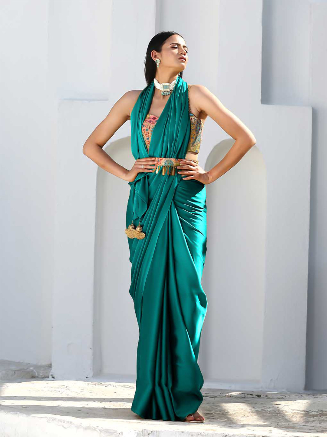 Swtantra Turquoise Blue Solid Satin Saree