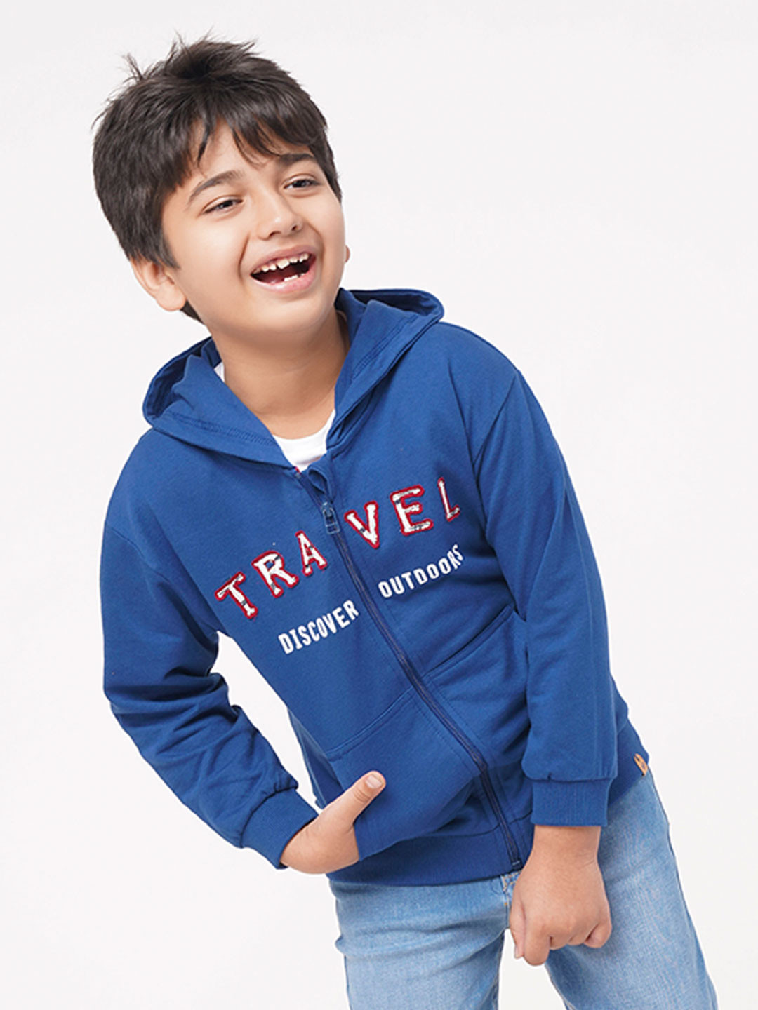 Ed-a-Mamma Kids Boys Blue Full Sleeves Hooded Open Front Typography Patchwork Jacket