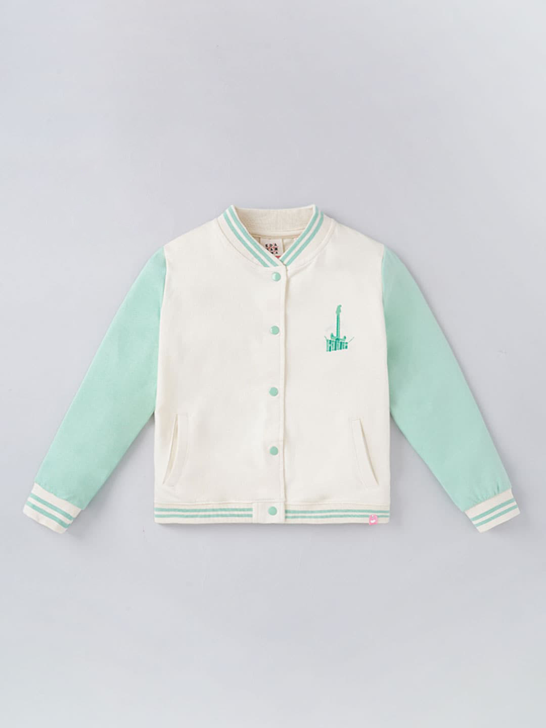 Ed-a-Mamma Girls White Green Colourblocked Varsity Jacket