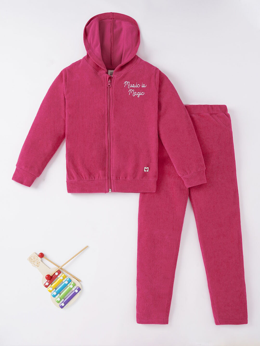 Ed-a-Mamma Girls Pink & Off White Embroidered Full sleeves T-shirt with Trousers