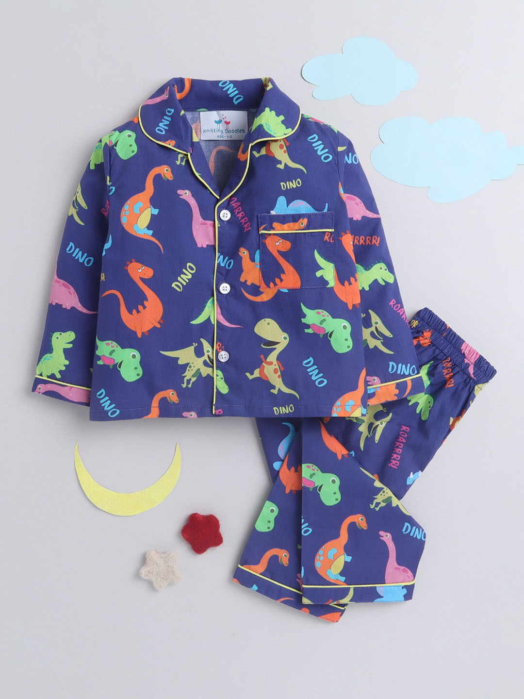 Knitting Doodles Unisex Kids Blue & Green Printed Night suit