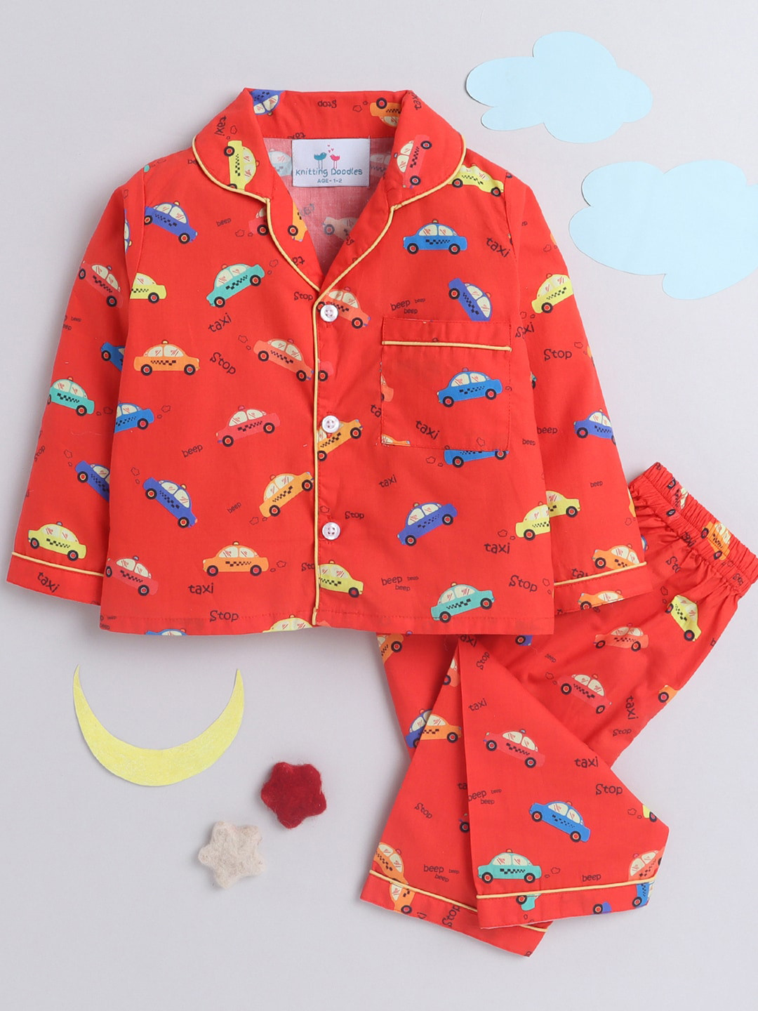Knitting Doodles Unisex Kids Red & Blue Taxi Printed Night suit