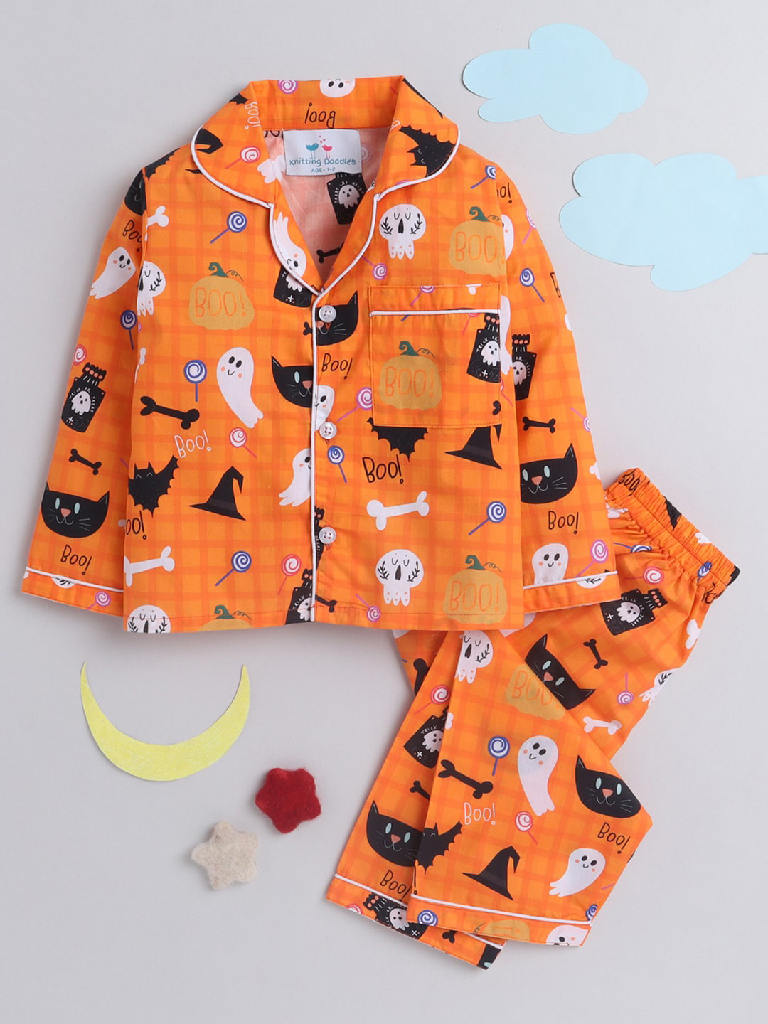 Knitting Doodles Kids Orange & Black Printed Night suit