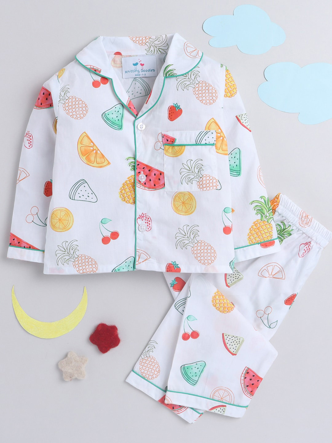 Knitting Doodles Kids White & Yellow Printed Cotton Blend Night suit