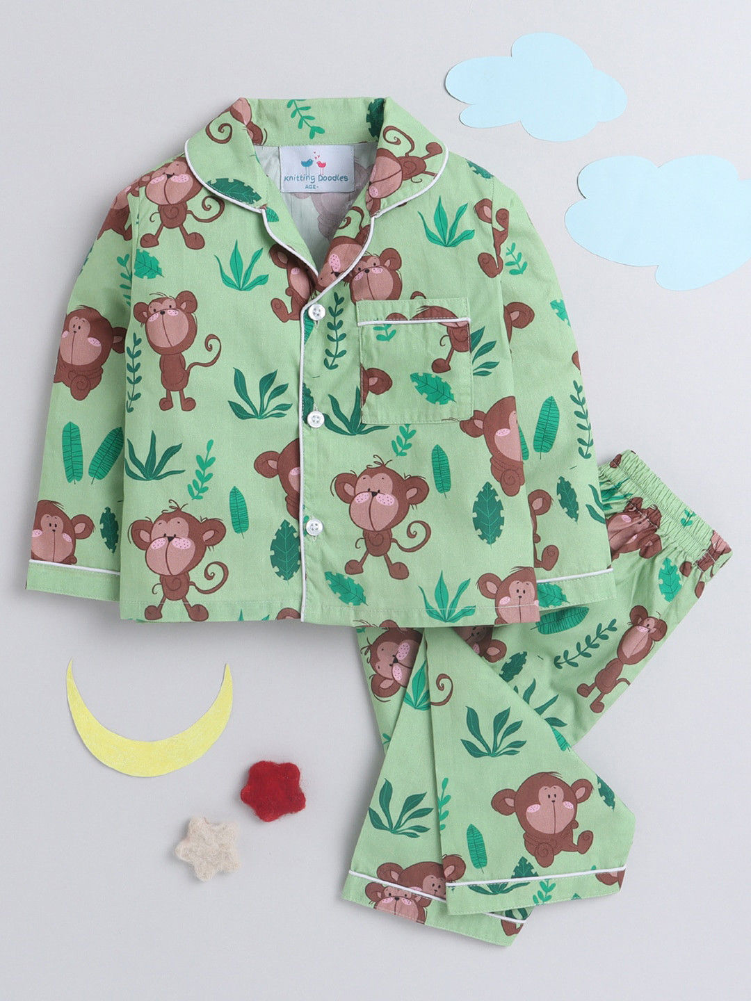 Knitting Doodles Unisex Kids Green & Brown Printed Night suit