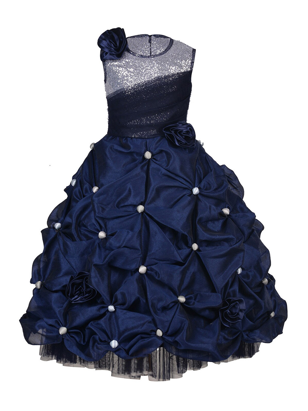 Samsara Couture Girls Navy Blue Applique Net Maxi Dress