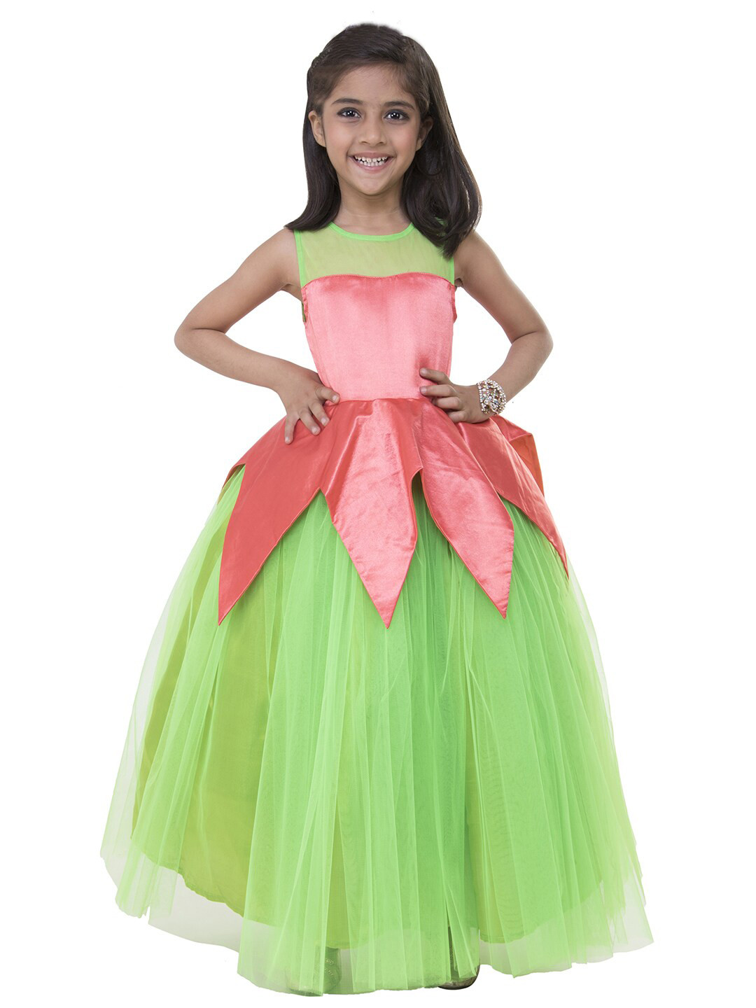 Samsara Couture Girls Green & Red Net Gown Dress