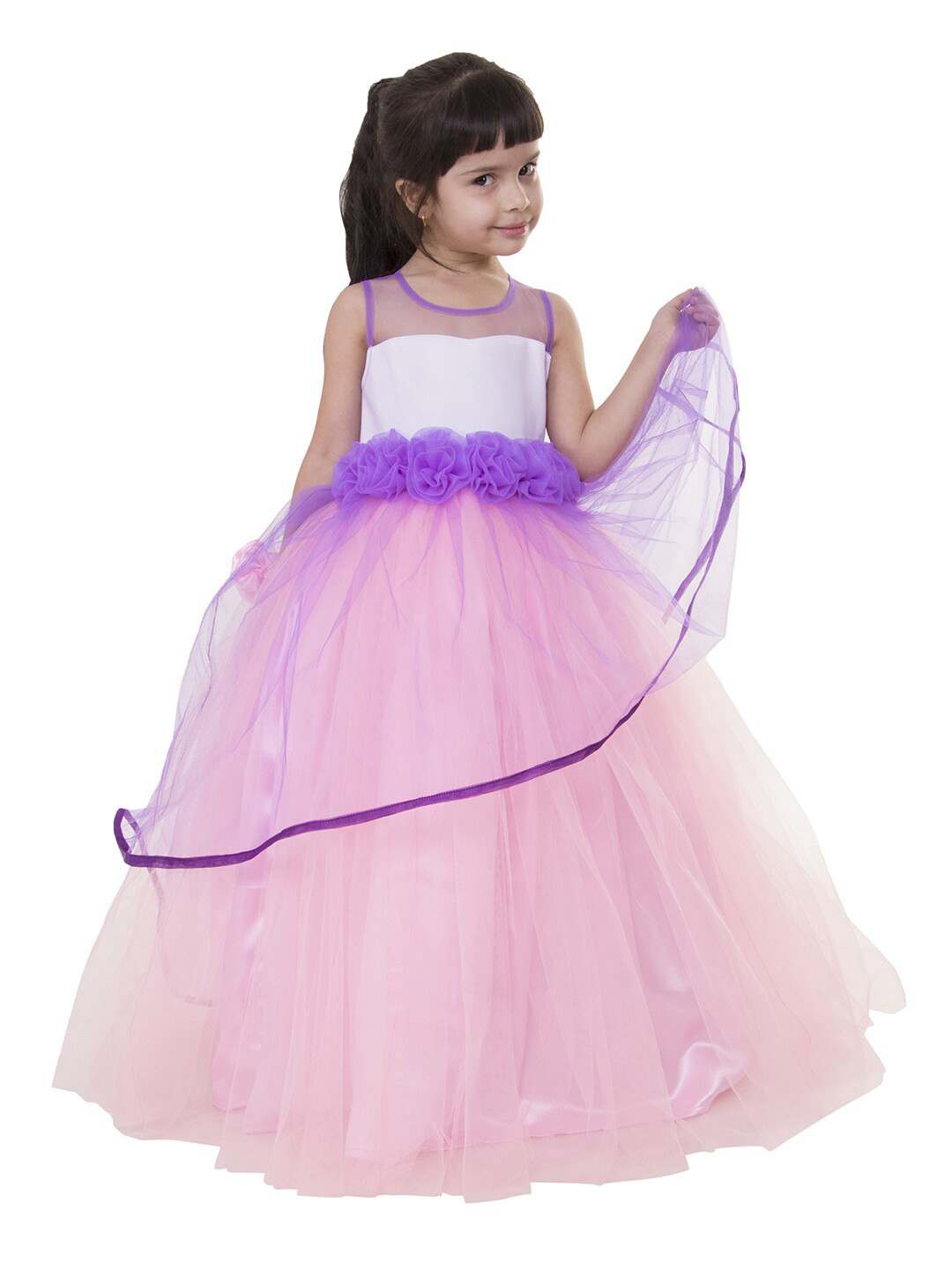 Samsara Couture Peach-Coloured & Purple Fit and Flare Net Maxi Dress