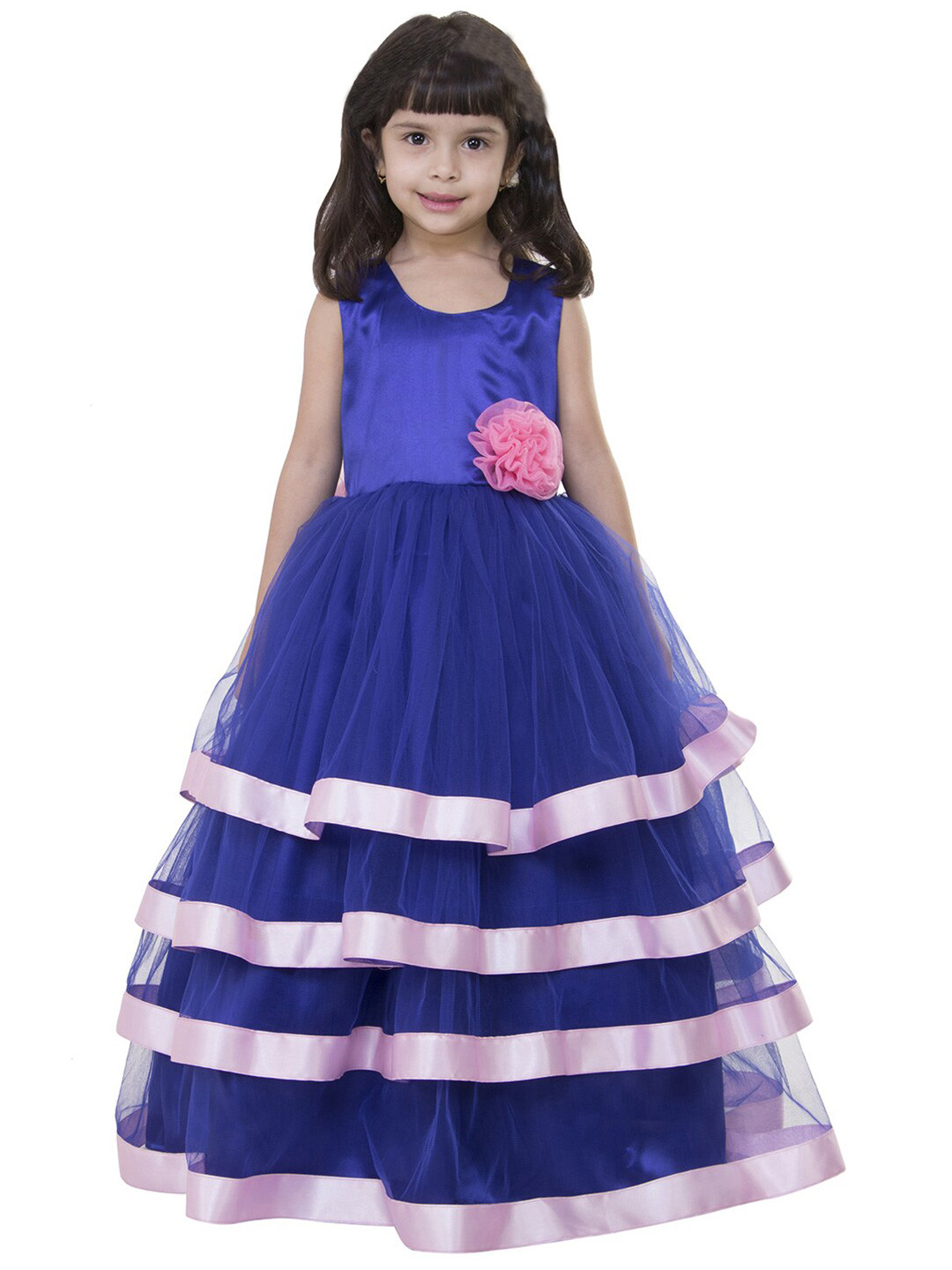 Samsara Couture Girls Blue & Pink Solid Tiered Net Fit and Flare Dress