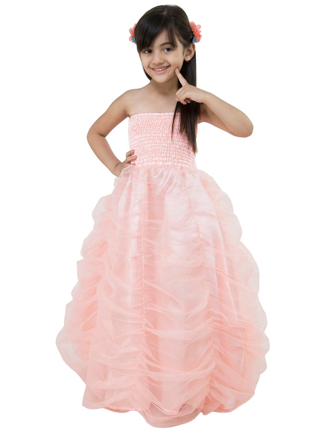 Samsara Couture Girls Peach-Colored Off-Shoulder Fit and Flare Maxi Dress