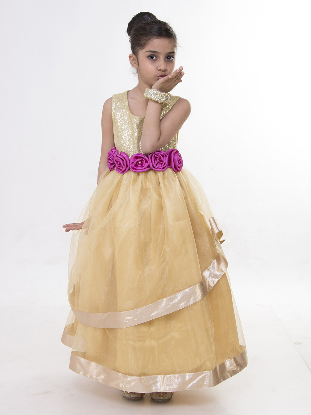 Samsara Couture Cream-Coloured & Pink Fit and Flare Net Maxi Gown Dress with Corsage